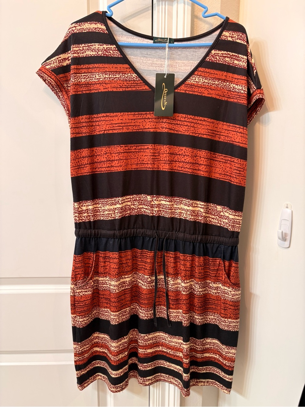 Elan Black & Rust Striped V-Neck Drawstring Midi Dress